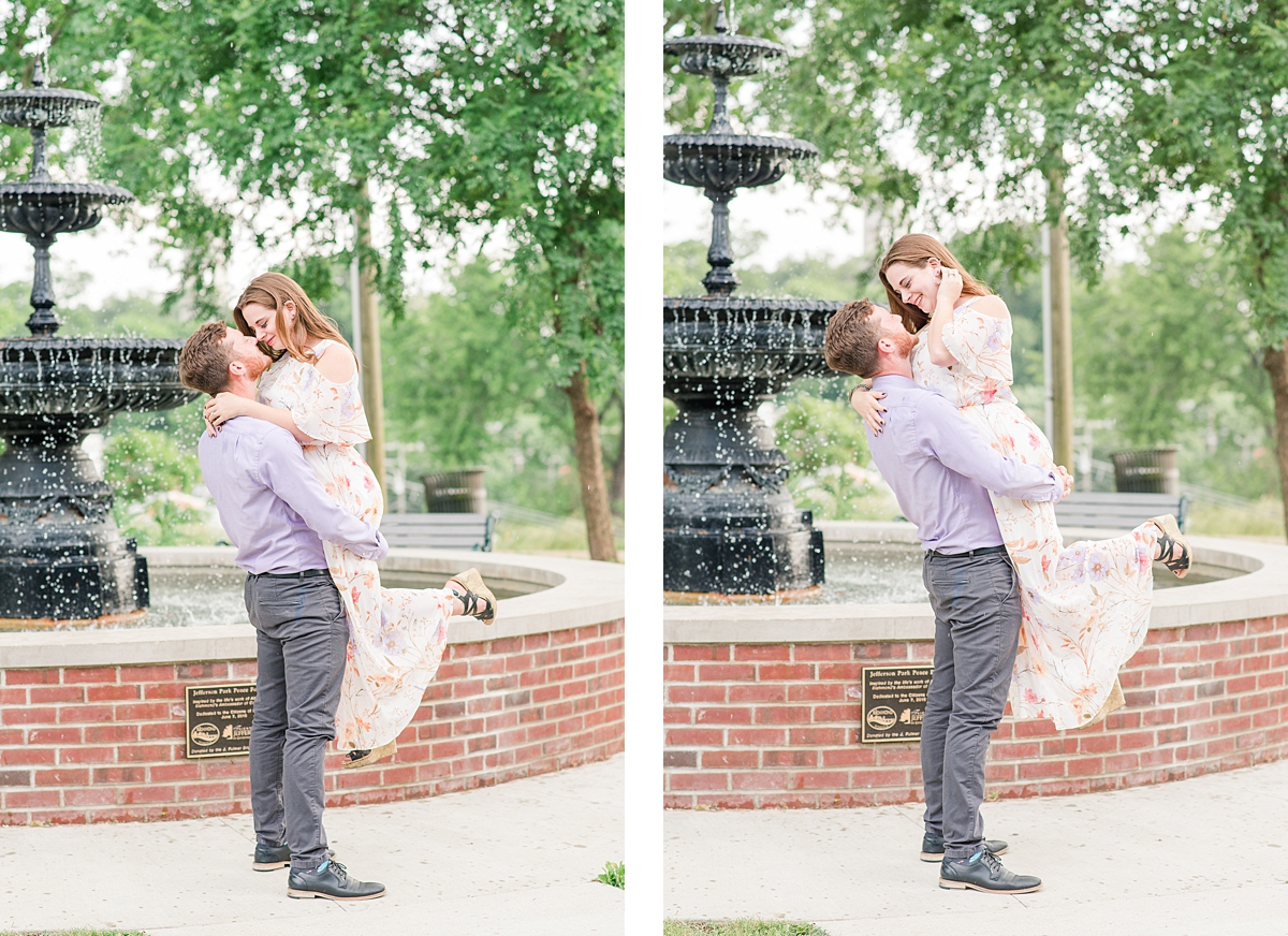 Scissor Kick Pose During Jefferson Park Fountain Engagement Session in Downtown Richmond. Photography by Charlottesville Wedding Photographer Kailey Brianne Photography. 
