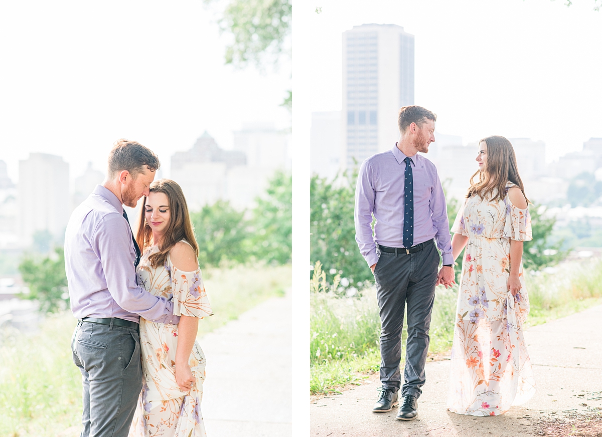 City Skyline View During Jefferson Park Engagement Session in Downtown Richmond. Photography by Richmond Wedding Photographer Kailey Brianne Photography. 