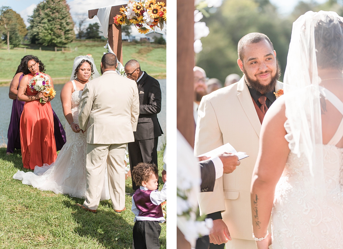 Wedding Ceremony at Lake at Cedar Hill in Lineville, Virginia. Fall Wedding Photography by Kailey Brianne Photography.