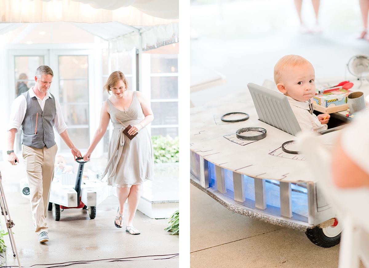 Ring Bearer in Star Wars Millennium Falcon during Wedding Ceremony Procession at Virginia Cliffe Inn. Wedding Photography by Virginia Wedding Photographer Kailey Brianne Photography. 