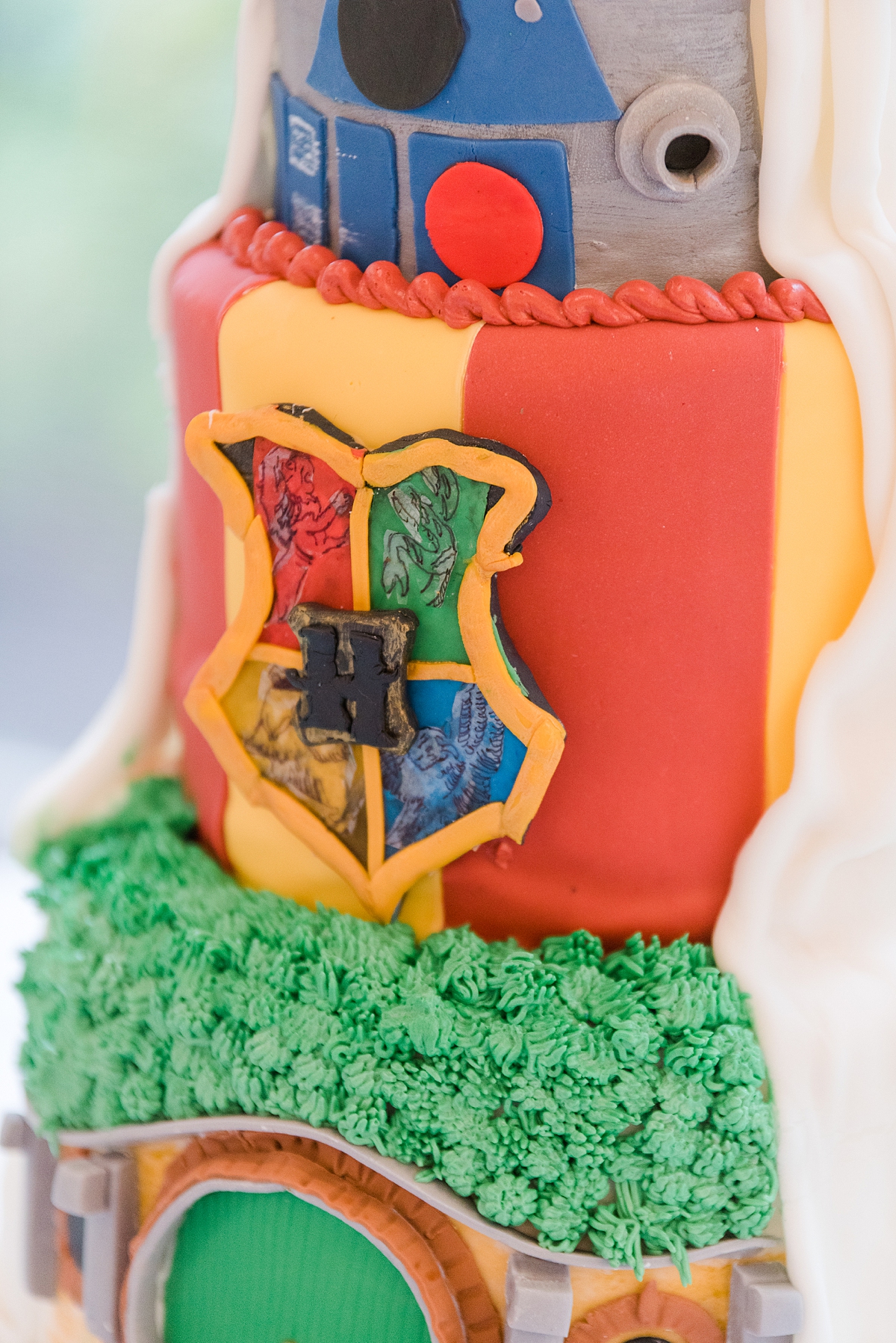 Fandom Wedding Cake Featuring Harry Potter, Star Wars, and Lord of the Rings Wedding Cake at Virginia Cliffe Inn Wedding Reception. Wedding Cake by Copy Cat Cakes, Wedding Photography by Richmond Wedding Photographer Kailey Brianne Photography. 