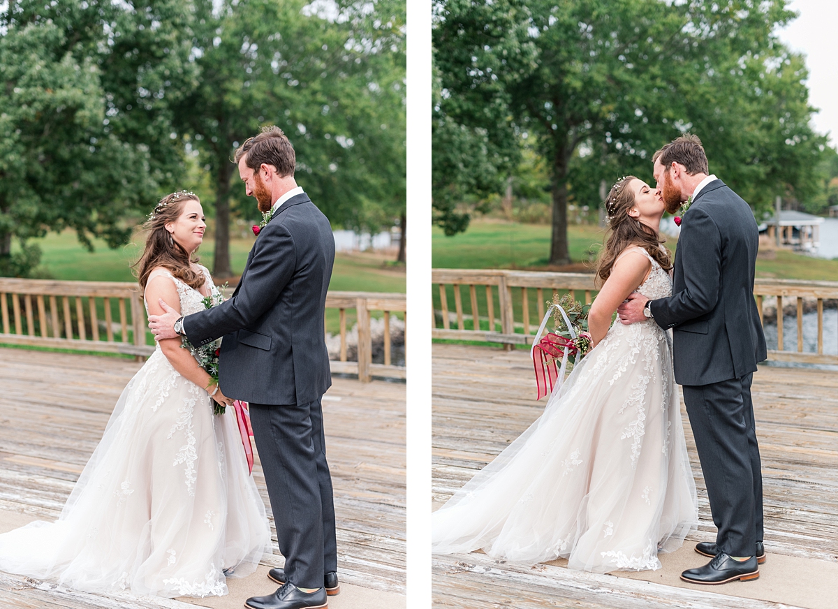 Bride and Groom First Look Portraits with Lake View  at Lake Gaston Fall Wedding. Wedding Photography by Richmond Wedding Photographer Kailey Brianne Photography. 
