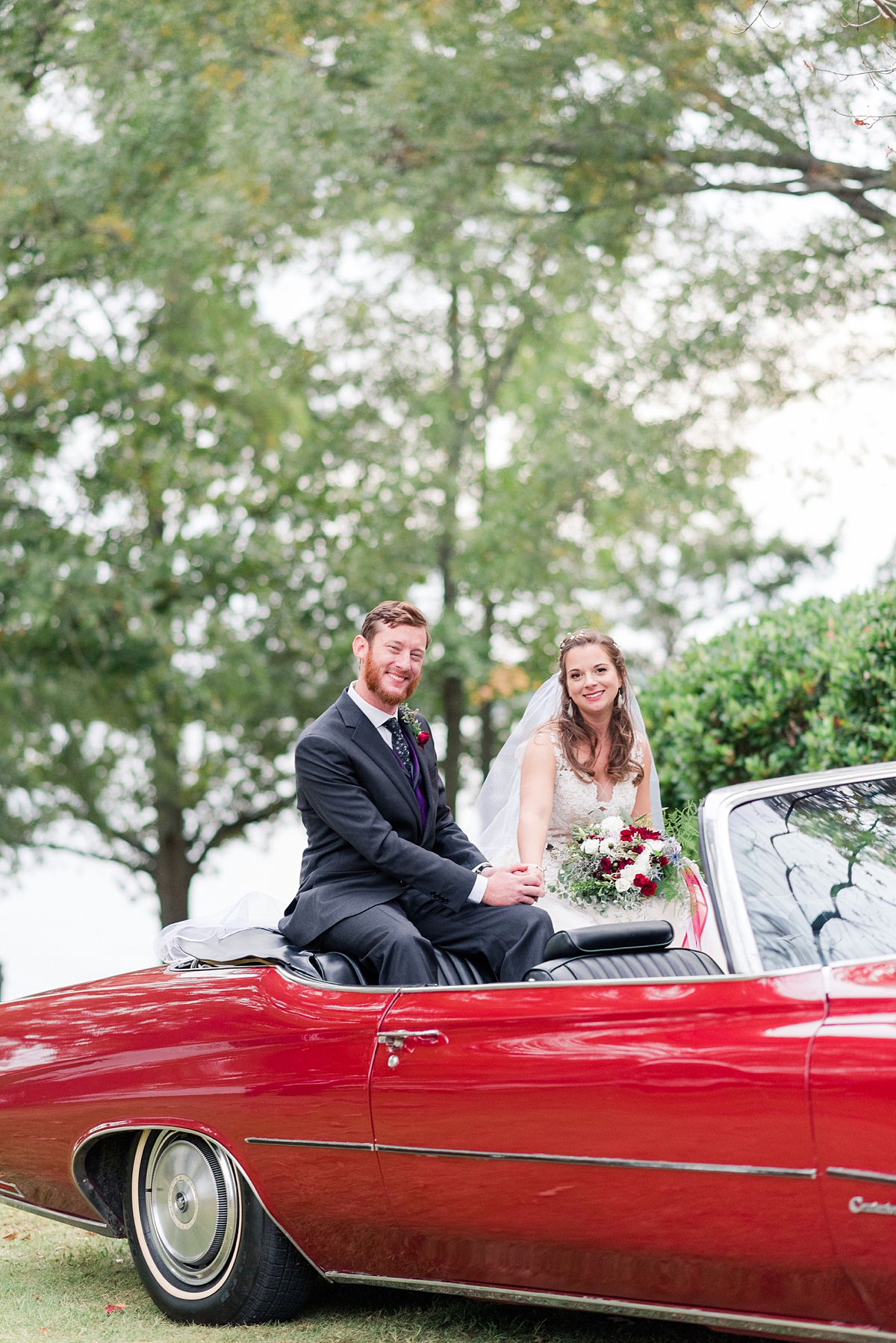 Bride and Groom Portraits with Car at Lake Gaston Fall Wedding. Wedding Photography by Richmond Wedding Photographer Kailey Brianne Photography. 