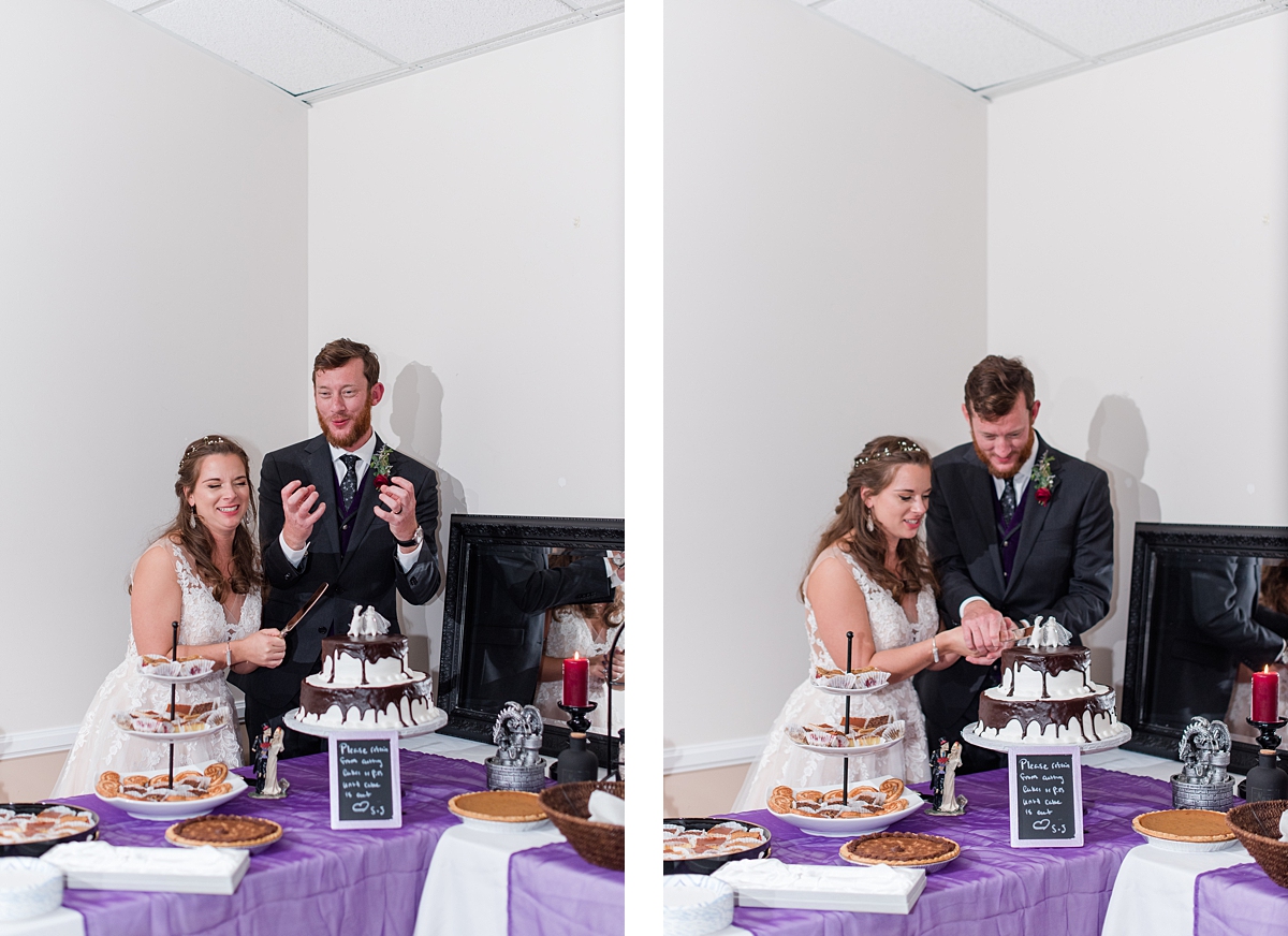 Cake Cutting Till Death Do Us Part Themed Fall Wedding at Lake Gaston. Wedding Photography by Virginia Wedding Photographer Kailey Brianne Photography. 