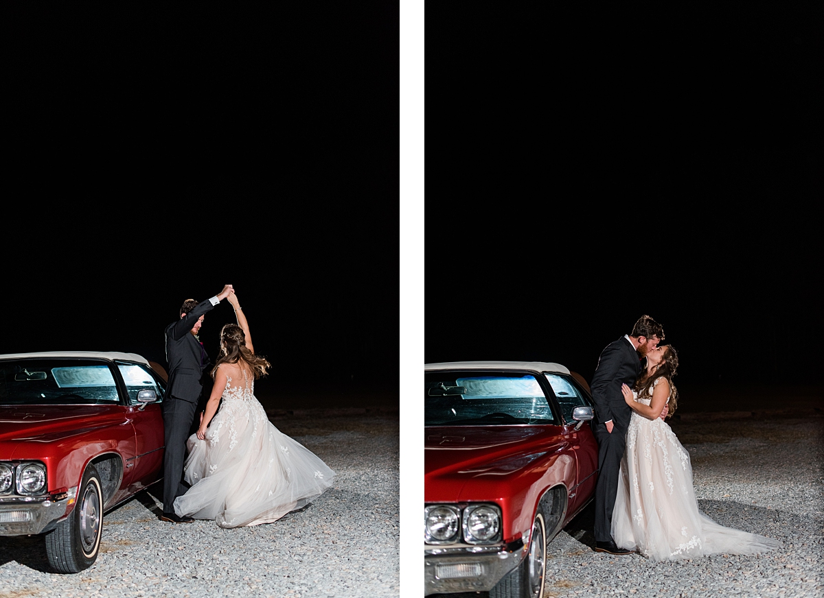 Bride and Groom Portraits with Car at Lake Gaston Fall Wedding. Wedding Photography by Virginia Wedding Photographer Kailey Brianne Photography. 