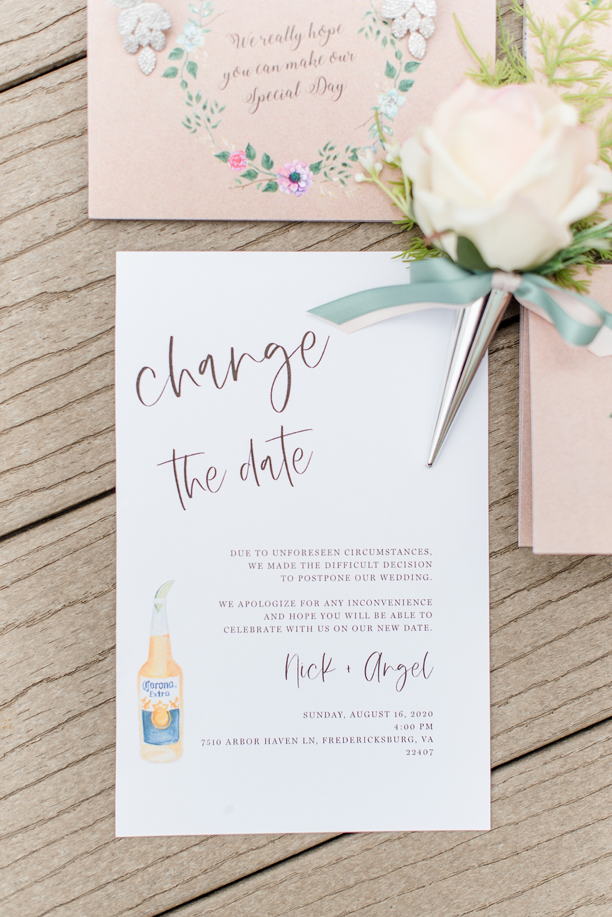 Change the Date Wedding Invitations at Arbor Haven Wedding. Wedding Photography by Petersburg Wedding Photographer Kailey Brianne Photography. 