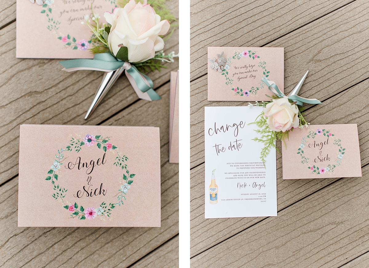 Change the Date Wedding Invitations at Arbor Haven Wedding. Wedding Photography by Petersburg Wedding Photographer Kailey Brianne Photography. 