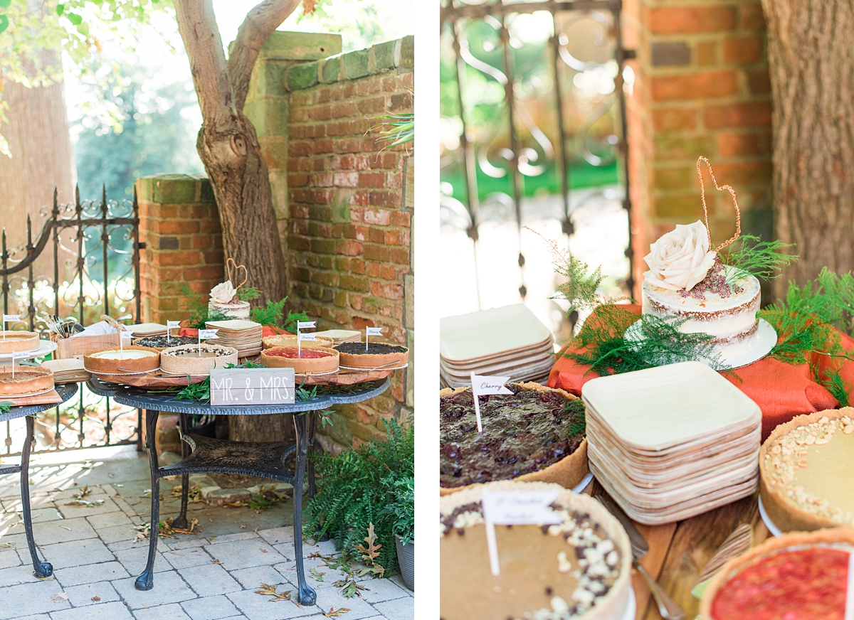 Beautiful and Delicious Wedding Cake and Pie Table at Fall Virginia House Wedding. Cakes and Desert by WPA Bakery, Wedding Photography by Yorktown Wedding Photographer Kailey Brianne Photography. 
