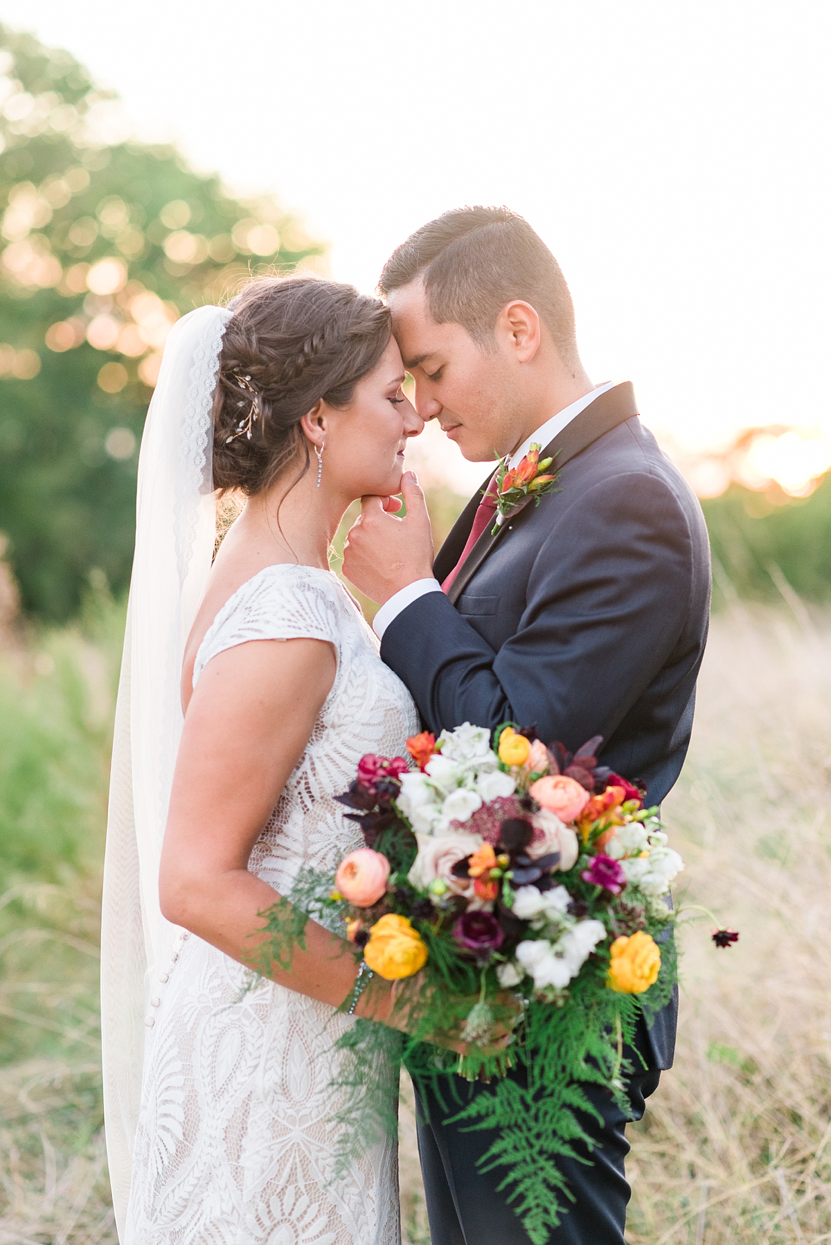 Bride and Groom Portraits at Sunset with Veil at Fall Virginia House Wedding. Wedding Photography by Richmond Wedding Photographer Kailey Brianne Photography. 
