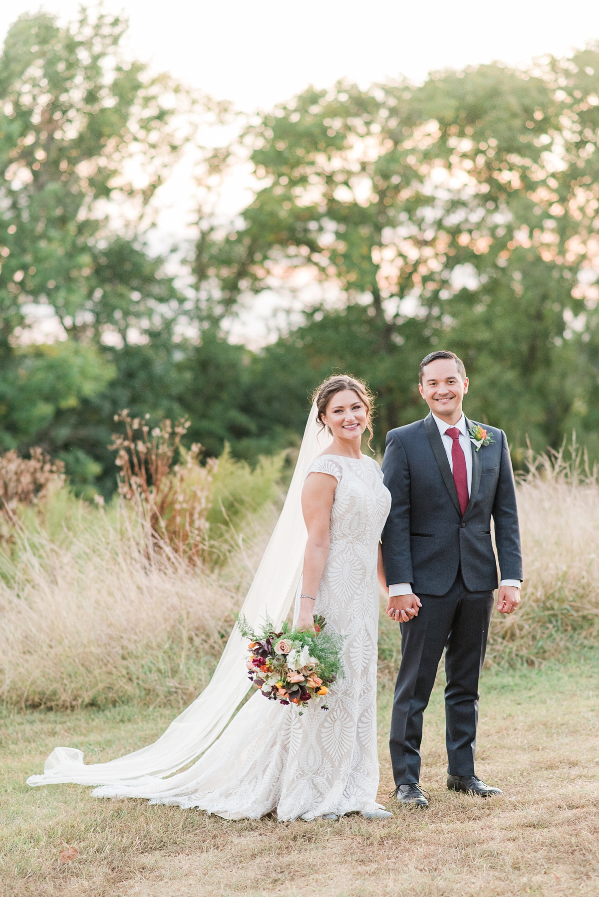 Bride and Groom Portraits at Sunset with Veil at Fall Virginia House Wedding. Wedding Photography by Richmond Wedding Photographer Kailey Brianne Photography. 