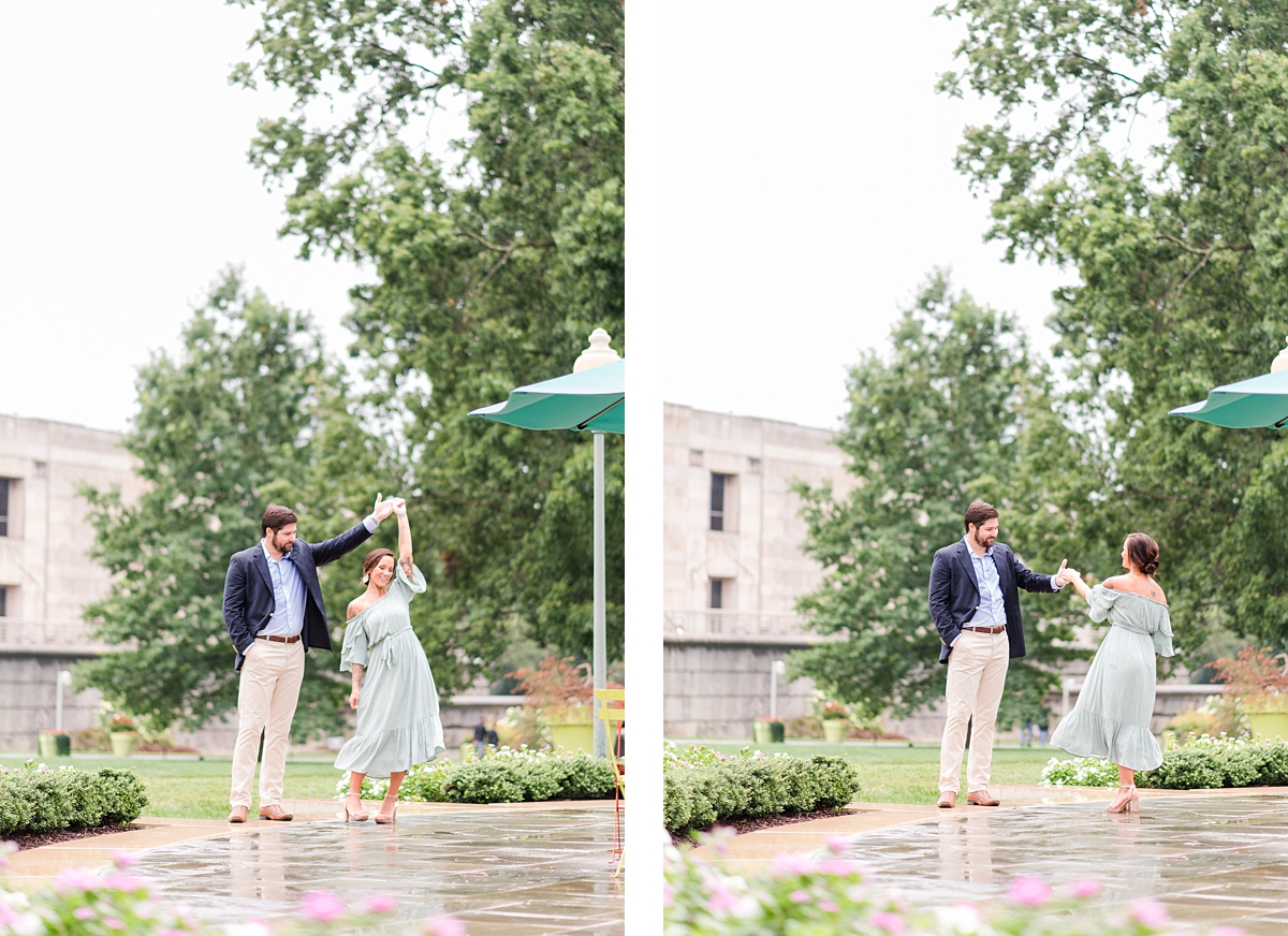 Twirling During Virginia Museum of Fine Arts Rainy Summer Engagement Session. Engagement Photography by Richmond Wedding Photographer Kailey Brianne Photography. 