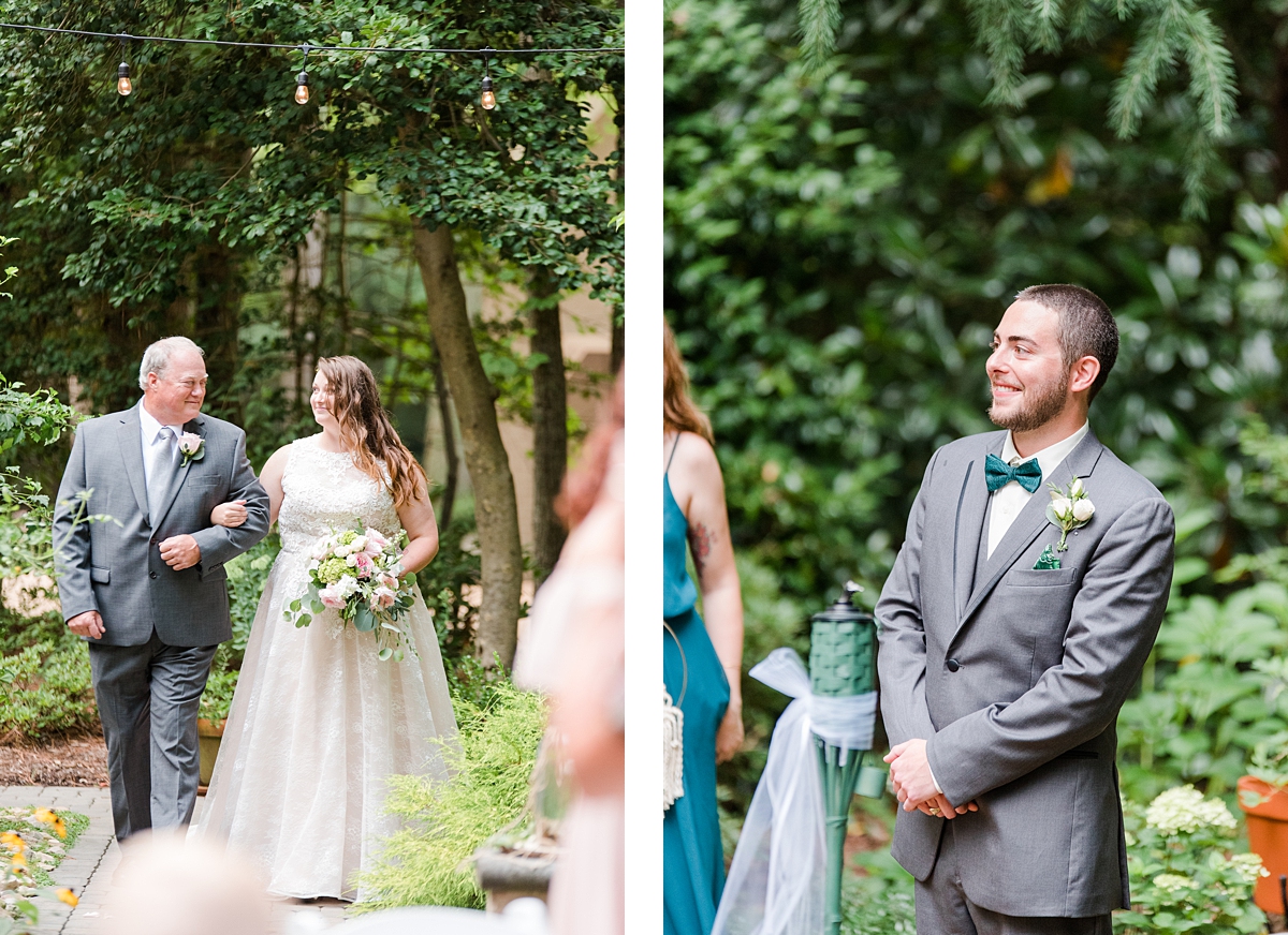 Groom Sees the Bride at Yorktown Backyard Intimate Wedding Ceremony. Wedding Photography by Yorktown Wedding Photographer Kailey Brianne Photography. 