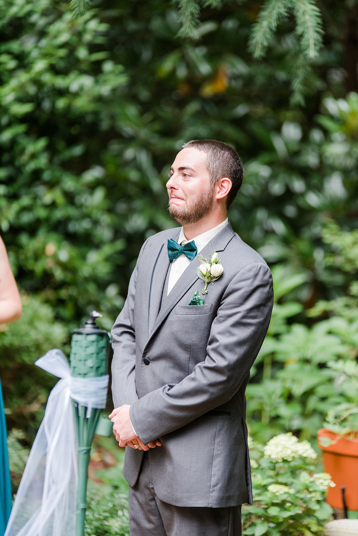 Groom's Reaction to the Bride at Yorktown Backyard Intimate Wedding Ceremony. Wedding Photography by Yorktown Wedding Photographer Kailey Brianne Photography. 