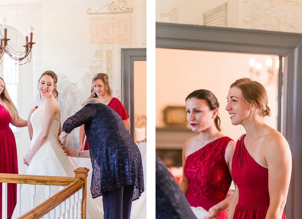 Bride Getting into Dress at Hanover Tavern Fall Wedding. Wedding Photography by Richmond Wedding Photographer Kailey Brianne Photography. Florals by Lavender Lane Flowers & Gifts