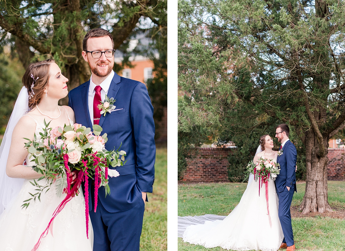 Bride and Groom Portraits with Veil at Hanover Tavern Fall Wedding. Wedding Photography by Richmond Wedding Photographer Kailey Brianne Photography. 