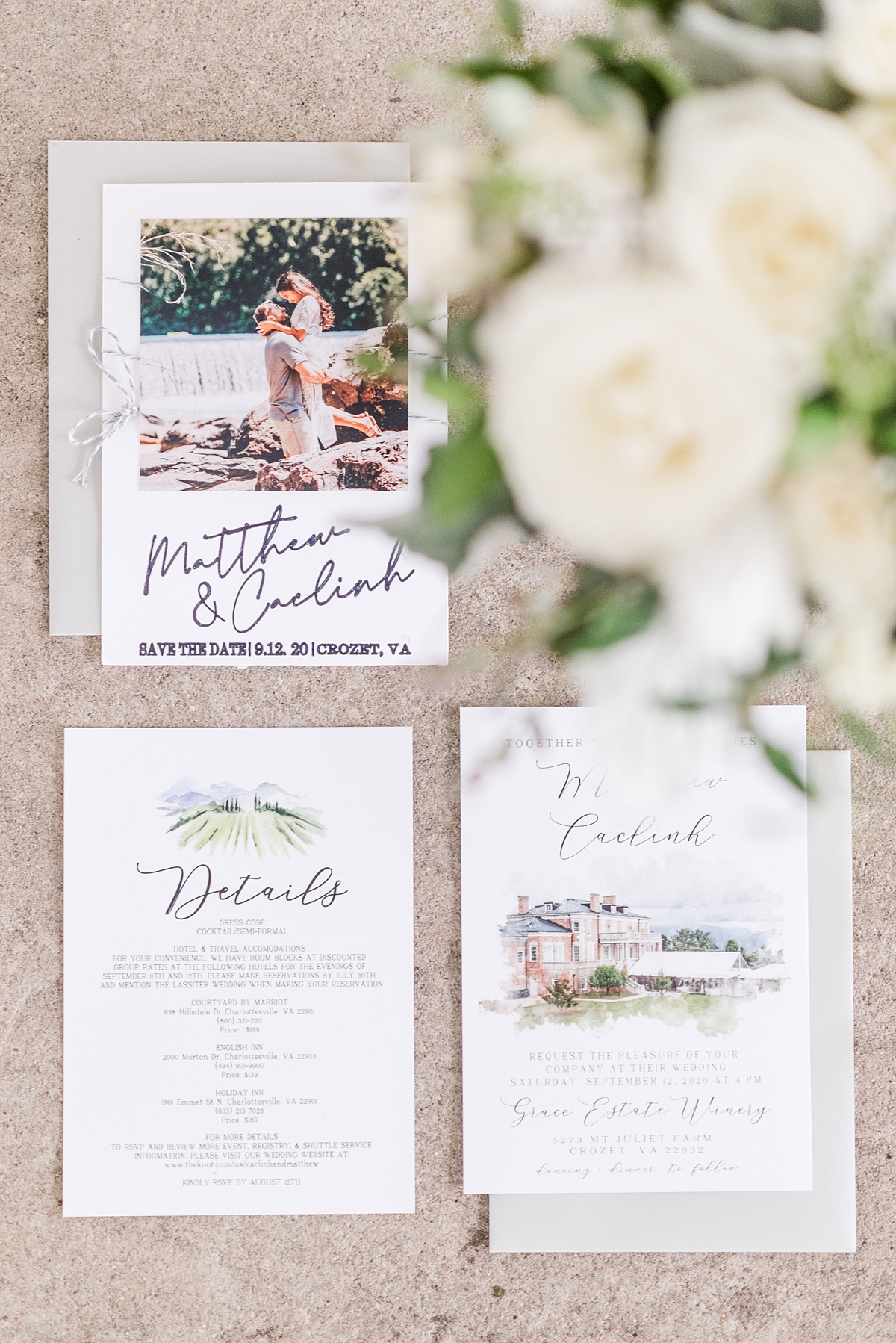 Invitation Suite Wedding Details at Grace Estate Winery Summer Wedding. Wedding Photography by Richmond Wedding Photographer Kailey Brianne Photography. 
