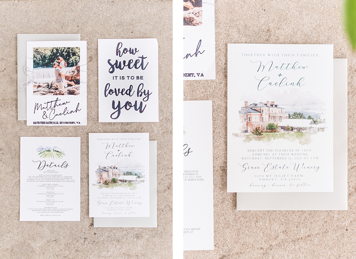 Invitation Suite Wedding Details at Grace Estate Winery Summer Wedding. Wedding Photography by Richmond Wedding Photographer Kailey Brianne Photography. 