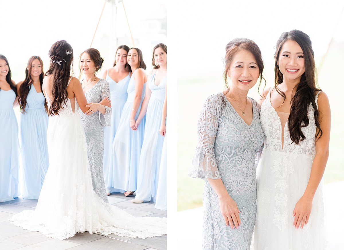 Bride Putting on Dress with Bridesmaids and Mom at Grace Estate Winery Summer Wedding. Wedding Photography by Richmond Wedding Photographer Kailey Brianne Photography. 