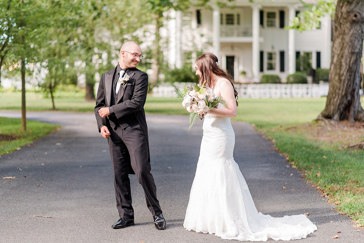 Bride and Groom First Look at Virginia Cliffe Inn Summer Wedding. Wedding Photography by Richmond Wedding Photographer Kailey Brianne Photography. 