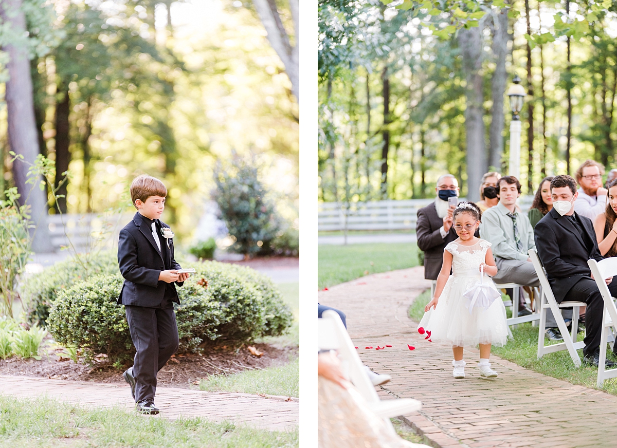 Flower Girl and Ring Bearer at Virginia Cliffe Inn Summer Wedding Ceremony. Wedding Photography by Richmond Wedding Photographer Kailey Brianne Photography. 