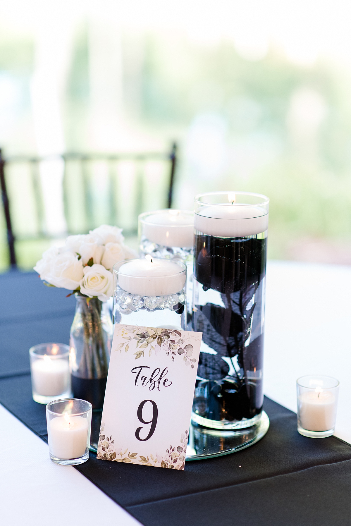 Black and White Floating Candle Centerpieces at Virginia Cliffe Inn Summer Wedding Reception. Wedding Photography by Virginia Wedding Photographer Kailey Brianne Photography. 