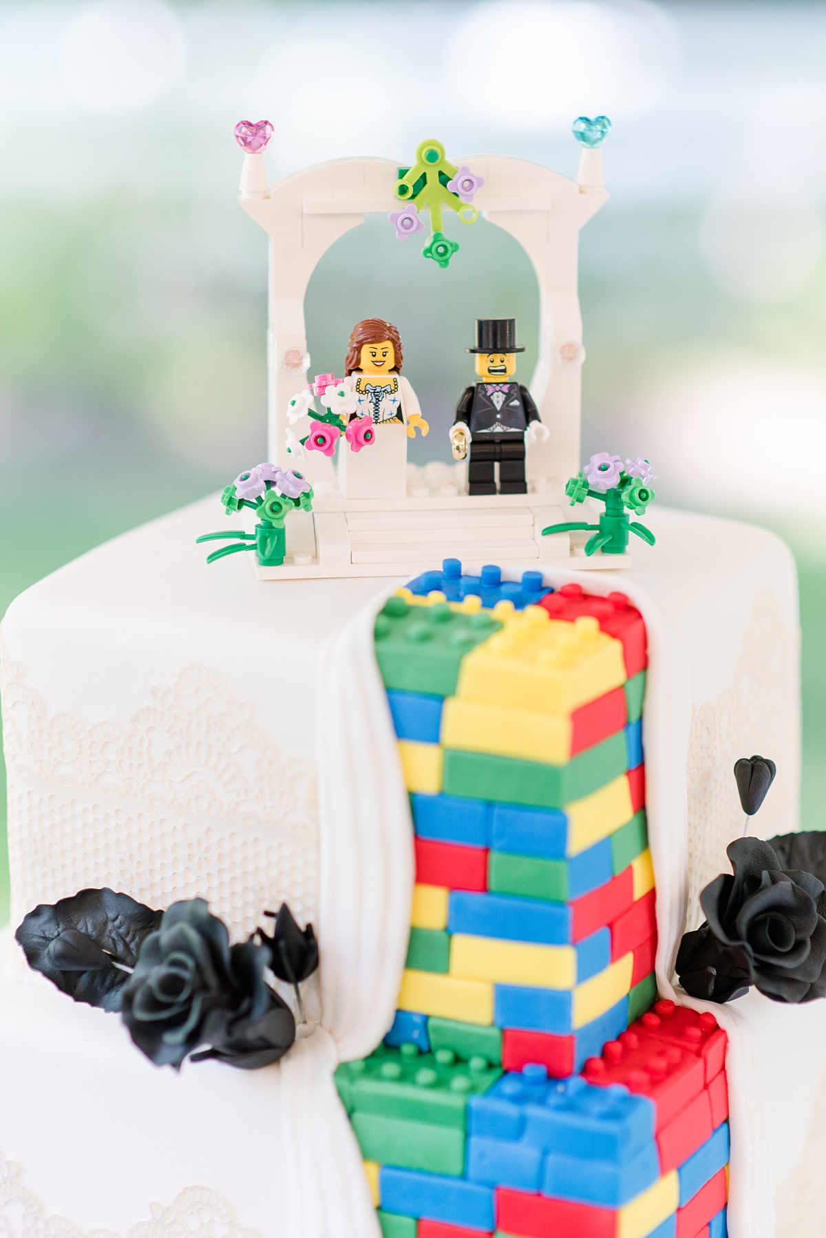 Unique Lego Wedding Cake and Lego People Cake Toppers at Virginia Cliffe Inn Summer Wedding Reception. Wedding Photography by Virginia Wedding Photographer Kailey Brianne Photography. 