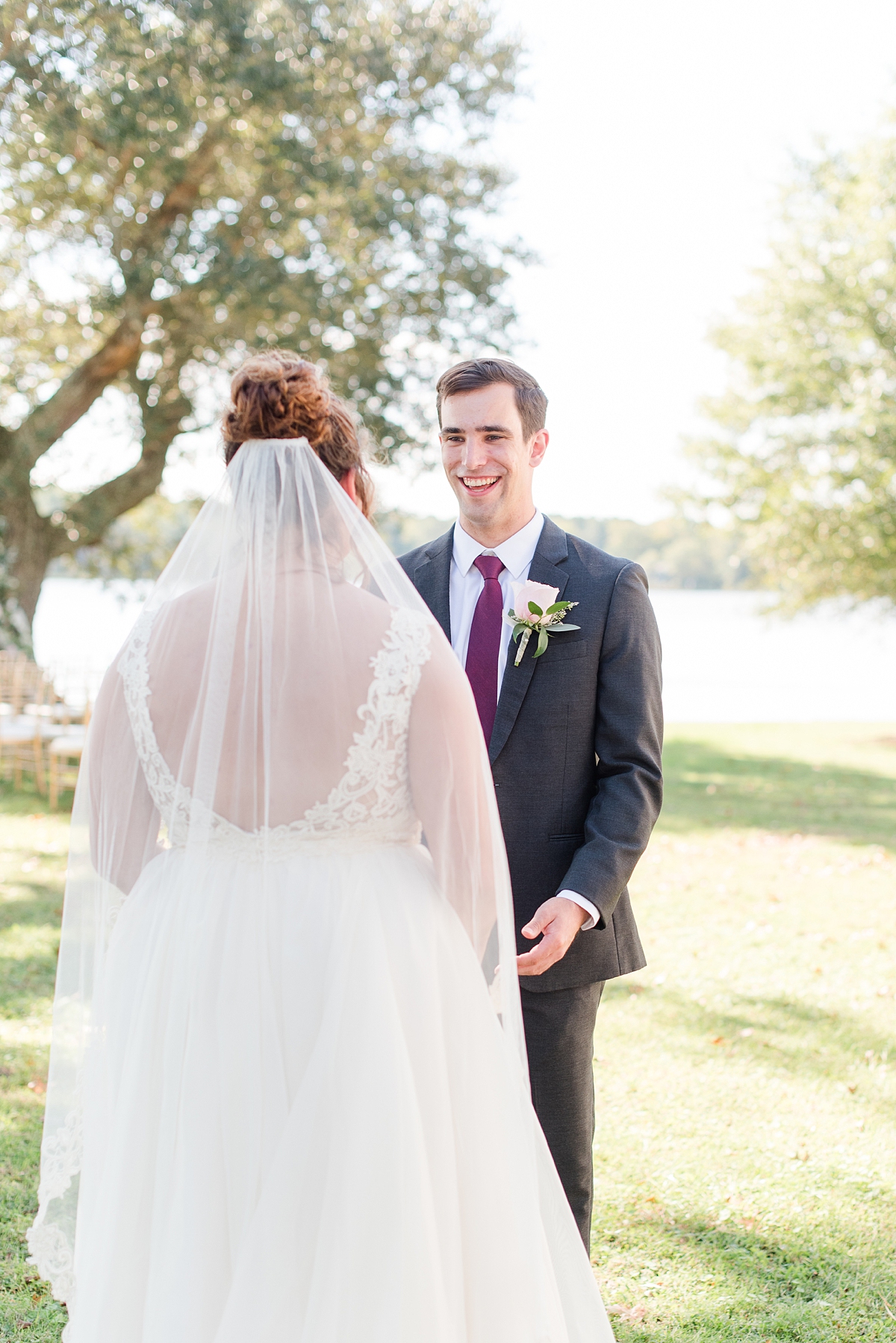 First Look Portraits on with Veil at Lake Front Fall Wedding. Wedding Photography by Richmond Wedding Photographer Kailey Brianne Photography. 