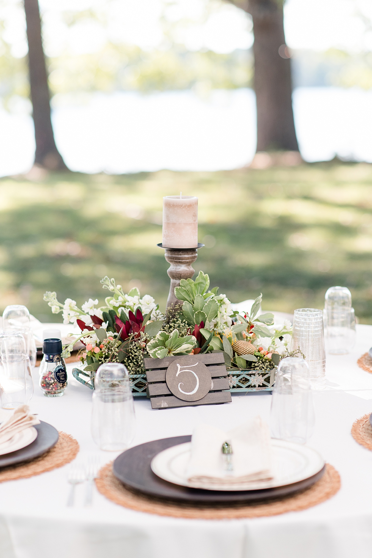 Fall Reception Decor at Lake Front Wedding. Wedding Photography by Yorktown Wedding Photographer Kailey Brianne Photography. 