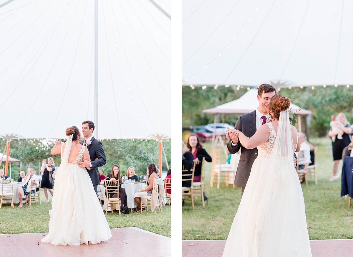 First Dance at Fall Lake Front Wedding Reception. Wedding Photography by Yorktown Wedding Photographer Kailey Brianne Photography. 