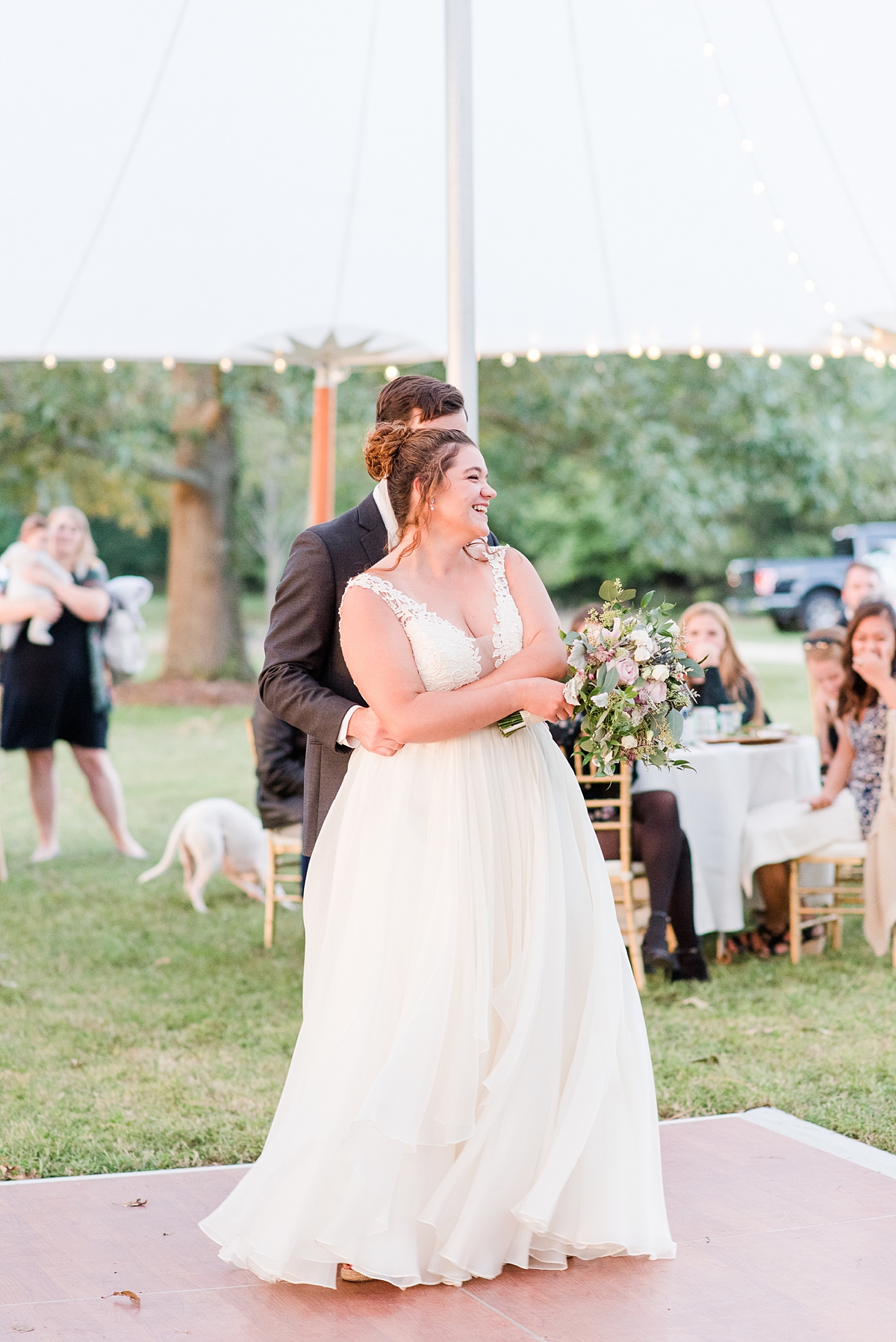 First Dance at Fall Lake Front Wedding Reception. Wedding Photography by Yorktown Wedding Photographer Kailey Brianne Photography. 