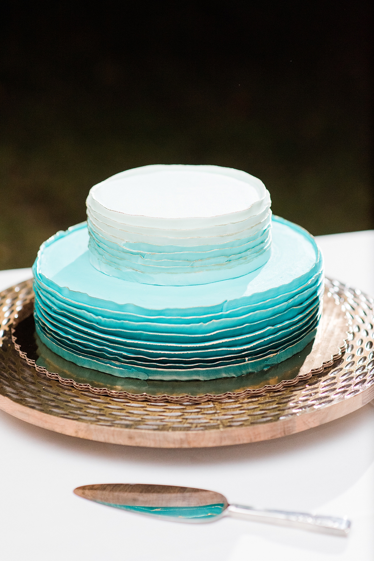 Stunning Blue and Teal Gold Leafed Wedding Cake at Fall Lake Front Wedding Reception. Wedding Photography by Yorktown Wedding Photographer Kailey Brianne Photography. 