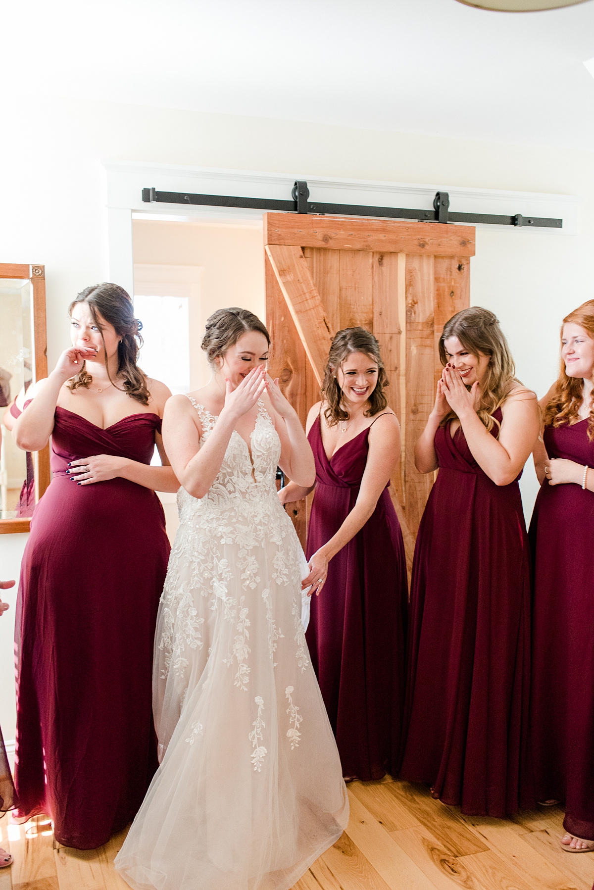 Bridesmaids Reacting to Bride Getting in the Dress at Burlington Fall Wedding. Richmond Wedding Photographer Kailey Brianne Photography. 