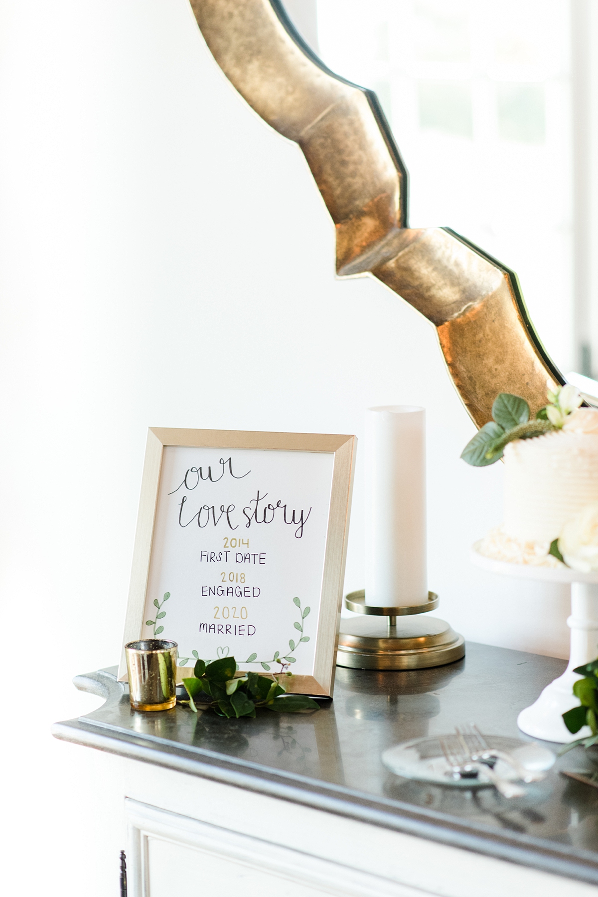 Love Story Cake Table Sign at Burlington Fall Wedding Reception. Wedding Photography by Virginia Wedding Photographer Kailey Brianne Photography. 