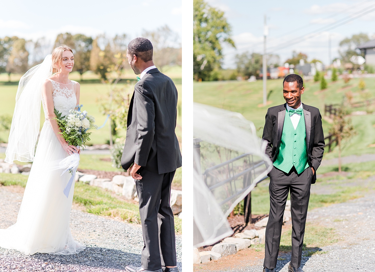 Bride and Groom First Look Portraits at Granary at Valley Pike Rustic Wedding. Wedding Photography by Richmond Wedding Photographer Kailey Brianne Photography. 