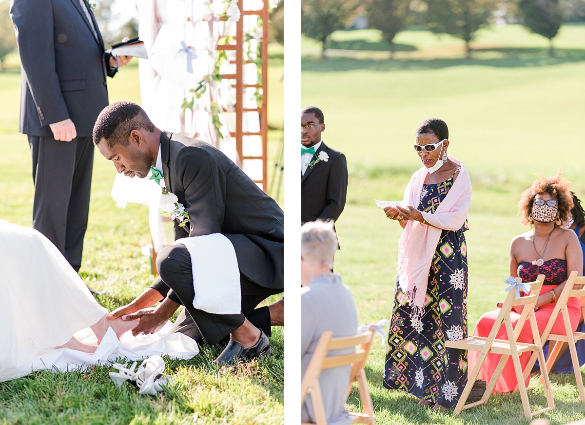 Foot Washing Ceremony During Rustic Wedding Ceremony at Granary at Valley Pike. Wedding Photography by Charlottesville Wedding Photographer Kailey Brianne Photography. 