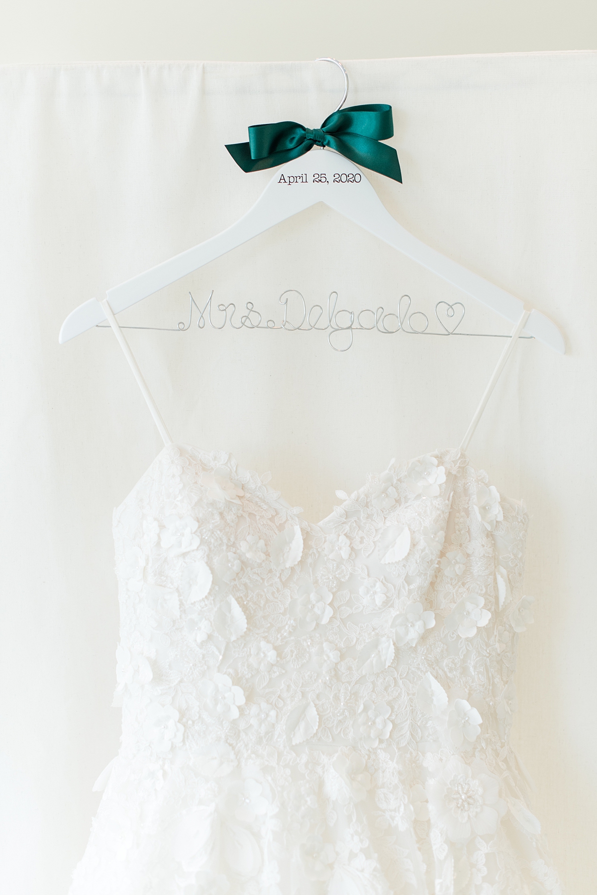 Bridal Details of Wedding Dress and Custom Dress Hanger at Dominion Club Wedding. Wedding Photography by Virginia Wedding Photographer Kailey Brianne Photography.