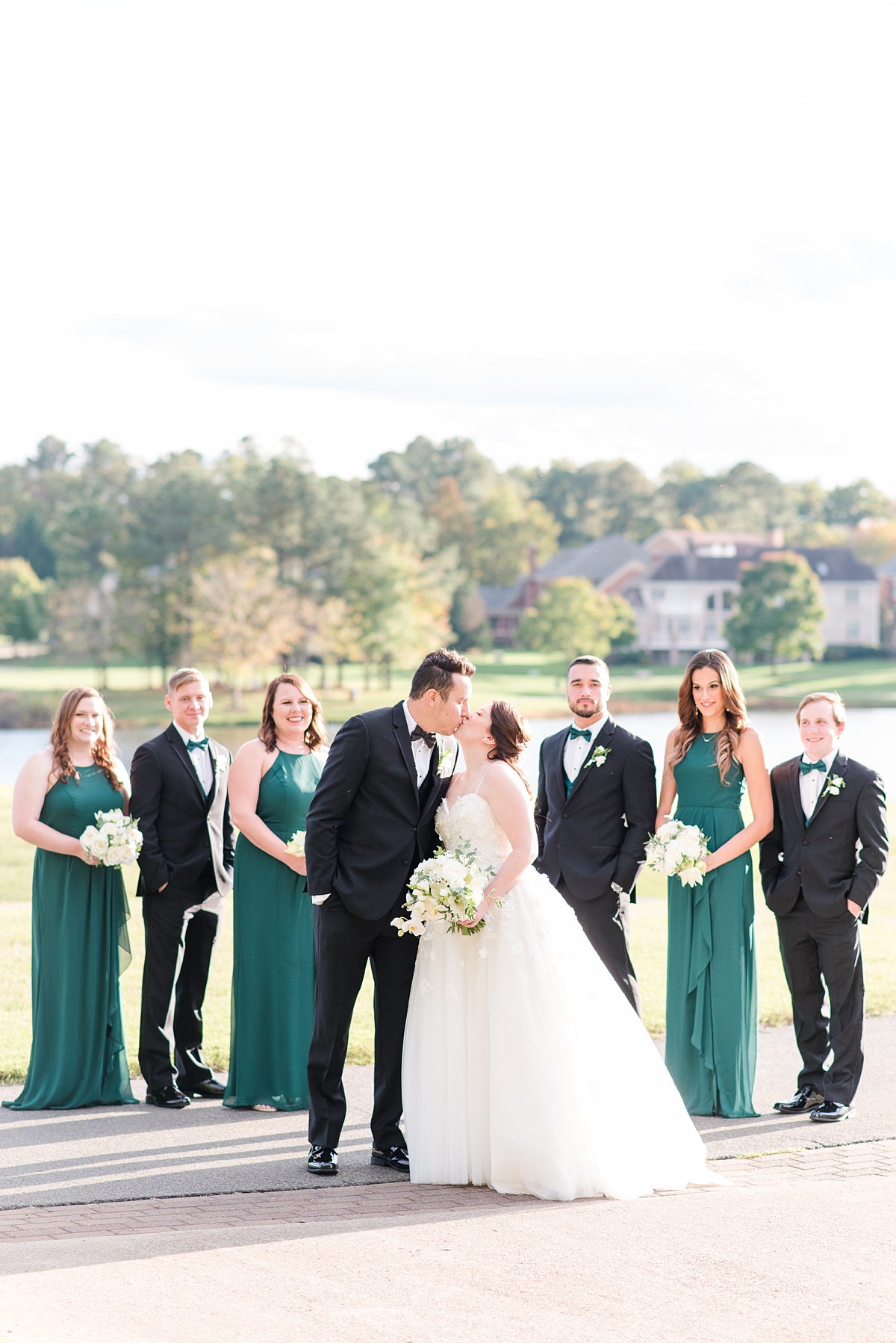 Bridal Party Portraits with Green Bridesmaid Dresses at Dominion Club Wedding. Wedding Photography by Richmond Wedding Photographer Kailey Brianne Photography.