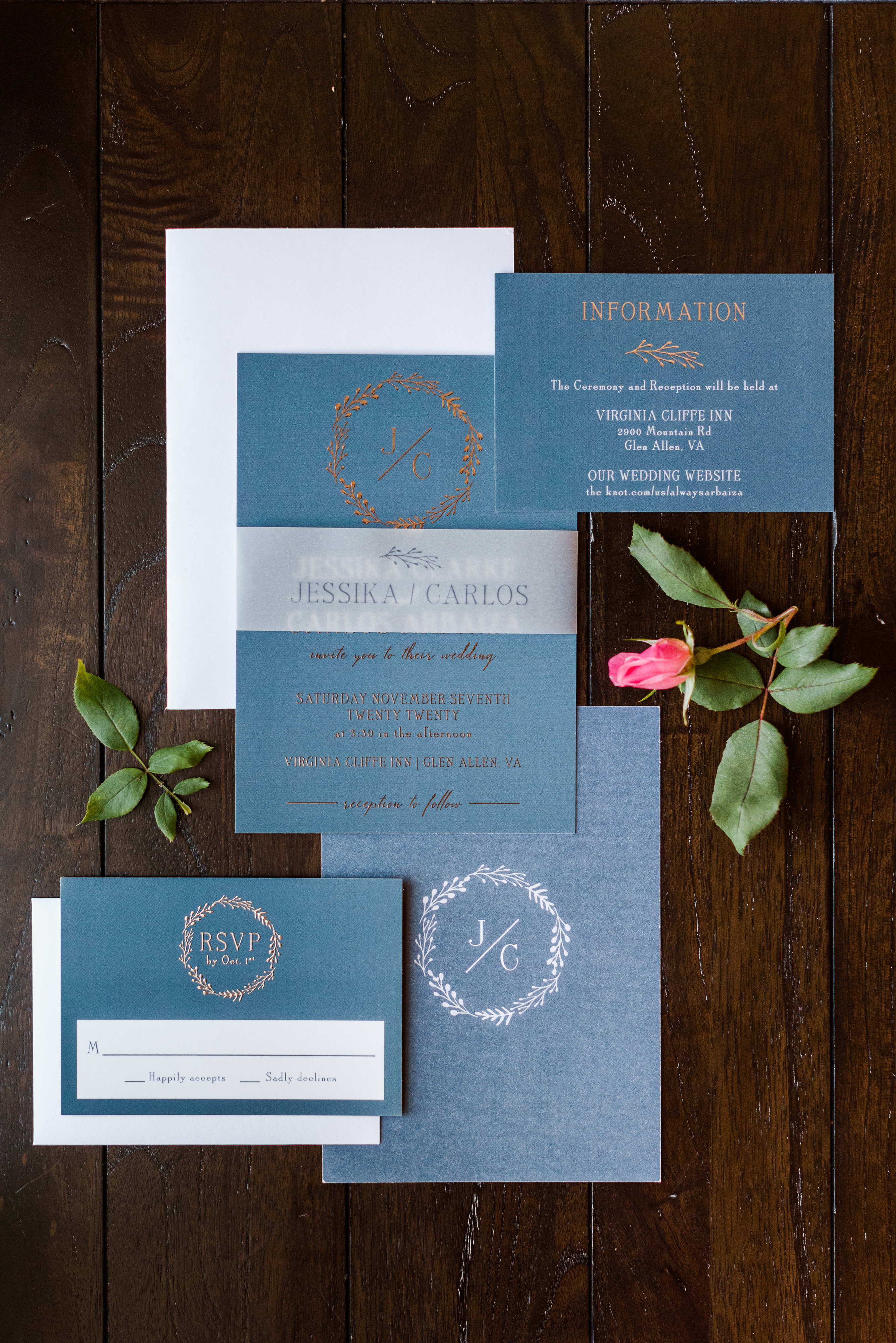 Navy and Gold Wedding Invitation Suite at Virginia Cliffe Inn Wedding.  Richmond Wedding Photographer Kailey Brianne Photography.