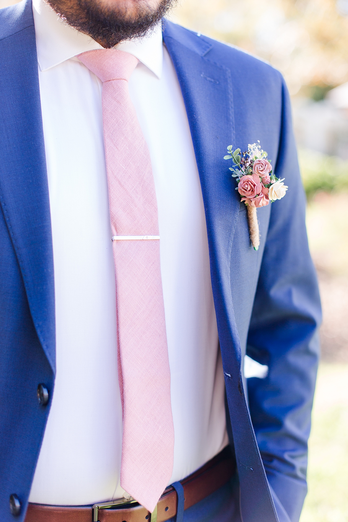 Groom Portraits with Blue Suit and Blush Tie at Virginia Cliffe Inn Wedding. Richmond Wedding Photographer Kailey Brianne Photography.