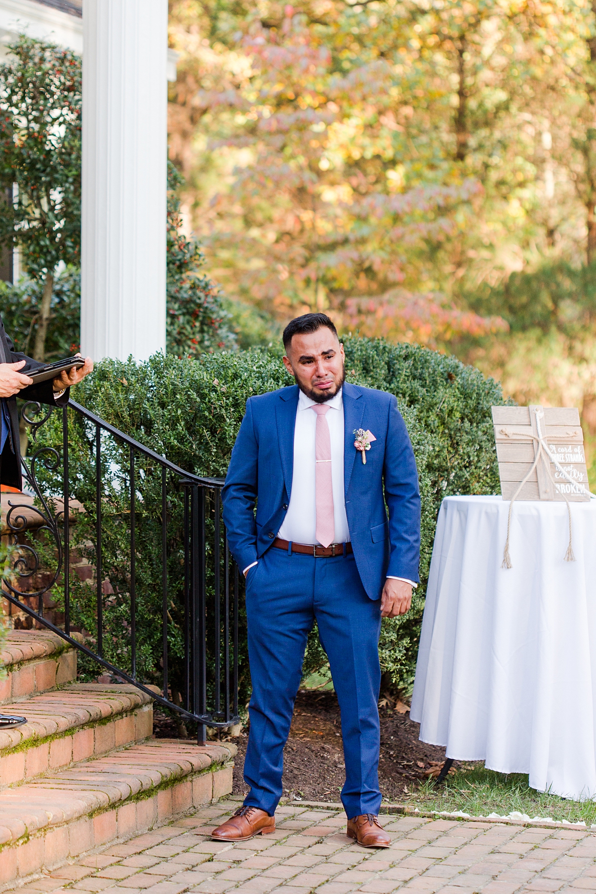 Groom's Reaction to Bride Walking Down the Aisle During Ceremony at Virginia Cliffe Inn Wedding. Wedding Photography by Richmond Wedding Photographer Kailey Brianne Photography.