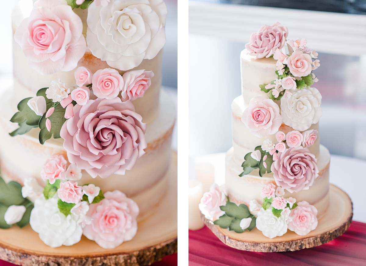 Sugar Flower Romantic Wedding Cake at Virginia Cliffe Inn Wedding Reception. Wedding Photography by Richmond Wedding Photographer Kailey Brianne Photography.