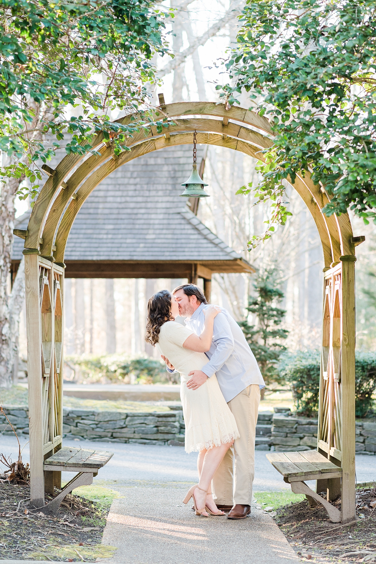 Dip Kiss at Spring Engagement Session at Celebrations at the Reservoir. Photography by Virginia Wedding Photographer Kailey Brianne Photography. 