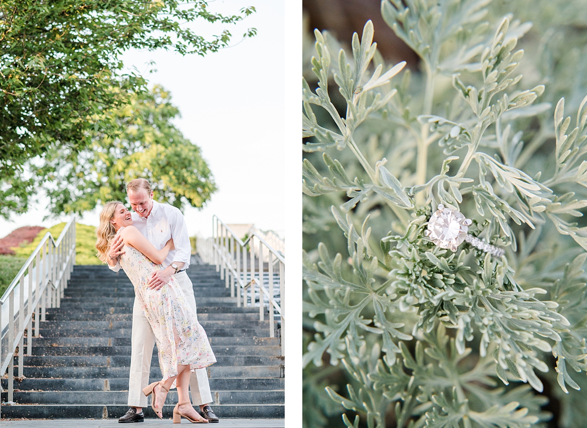 Stunning dip kiss portrait during spring engagement session at the VMFA in downtown Richmond. Photography by Richmond wedding photographer Kailey Brianne Photography. 