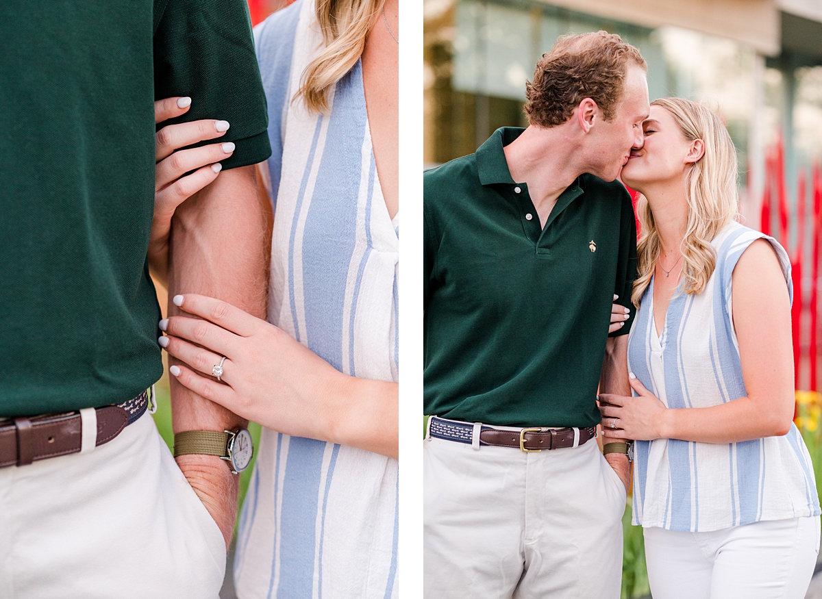 Unique posing for engagement ring and couple during spring engagement session at the VMFA in downtown Richmond. Photography by Richmond wedding photographer Kailey Brianne Photography. 