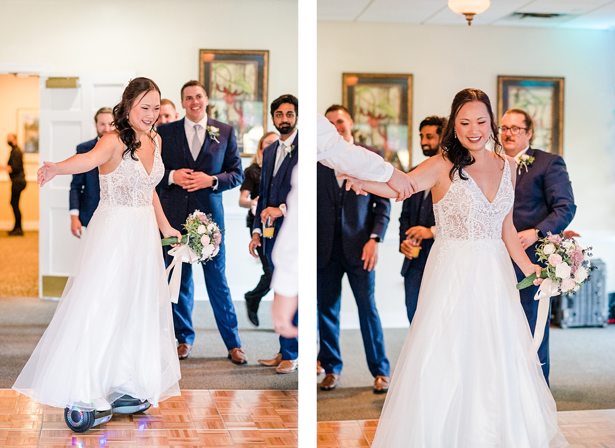 Unique reception entrance and first dance on hover boards during Hanover Golf Club spring wedding reception. Photography by Richmond Wedding Photographer Kailey Brianne Photography. 