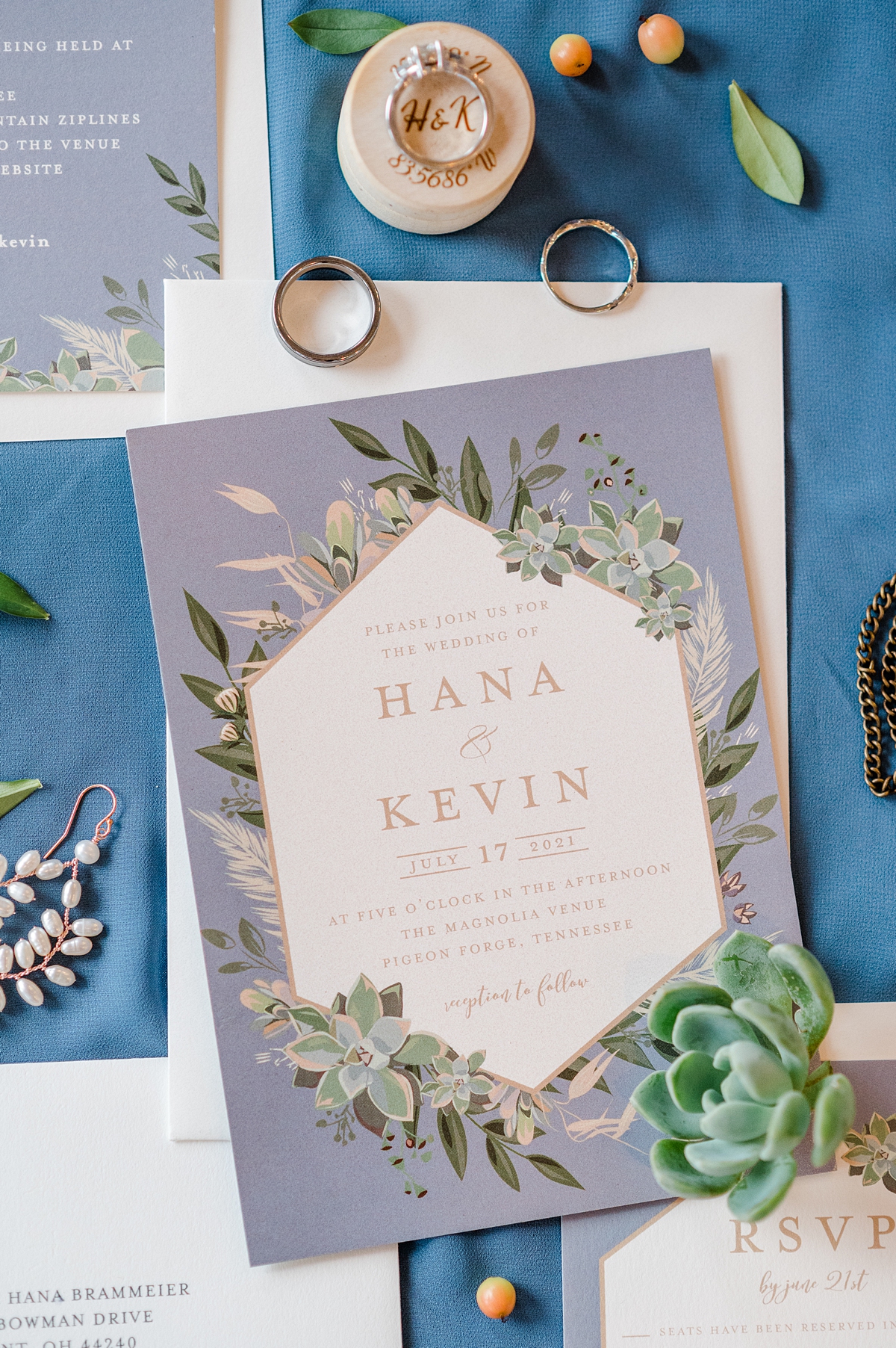 Blue Succulent Invitation Suite by Minted at a Magnolia Venue Summer Wedding in Tennessee. Wedding Photography by Virginia Wedding Photographer Kailey Brianne Photography. 