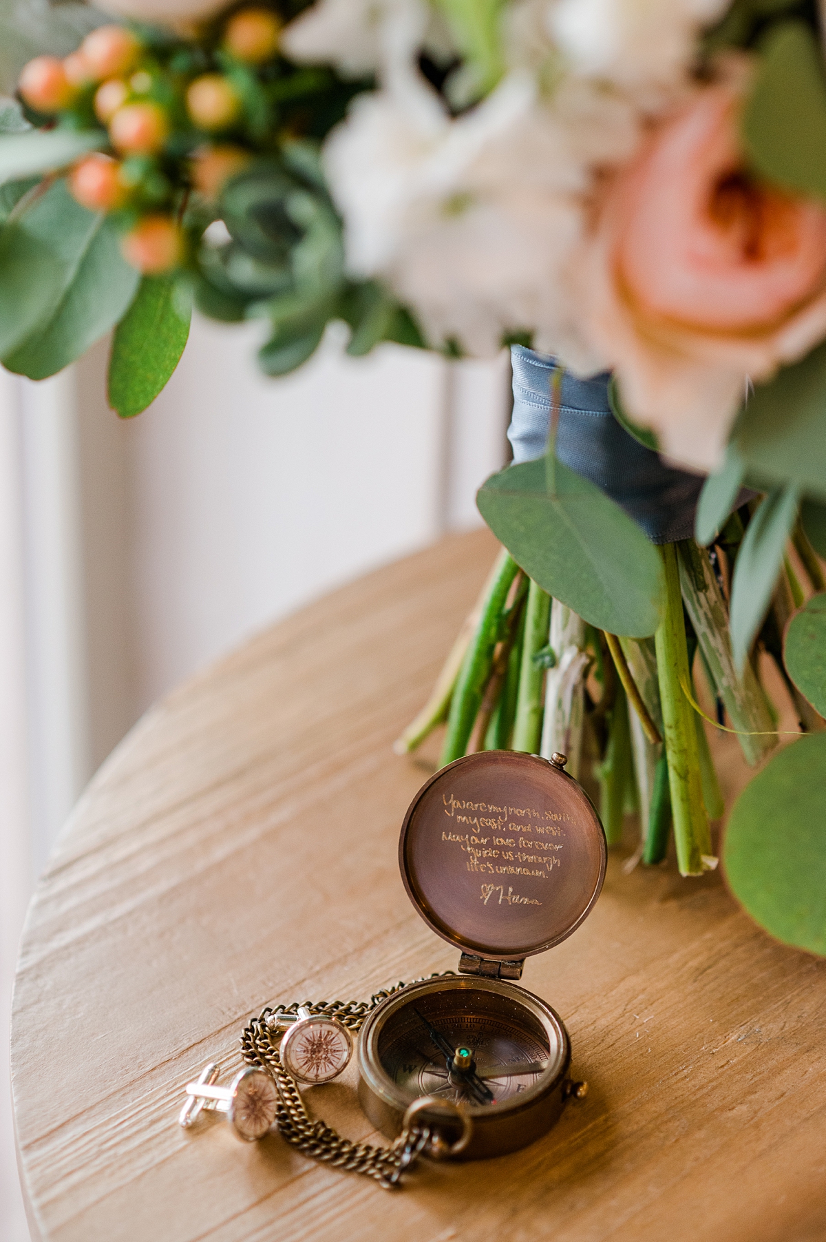 Compass Gift for Groom Bridal Details at a Magnolia Venue Summer Mountain Wedding in Tennessee. Wedding Photography by Virginia Wedding Photographer Kailey Brianne Photography. 