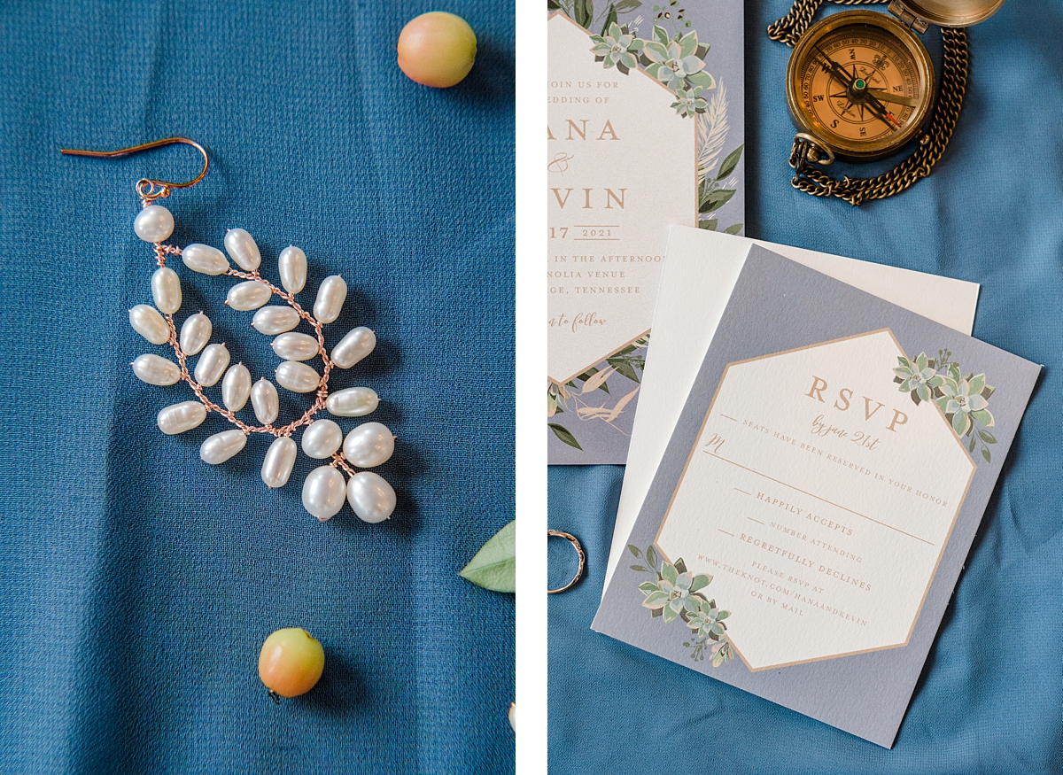Blue Succulent Invitation Suite Bridal Details at a Magnolia Venue Summer Mountain Wedding in Tennessee. Wedding Photography by Virginia Wedding Photographer Kailey Brianne Photography. 
