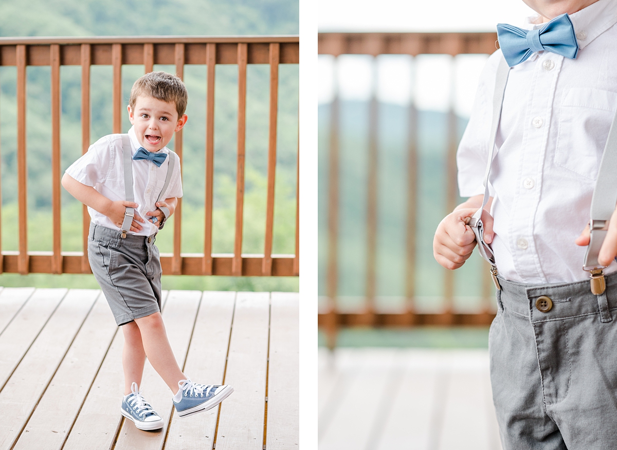 Flower Boy with Suspenders and Bow Tie at Summer Magnolia Venue Smoky Mountain Wedding. Virginia Wedding Photographer Kailey Brianne Photography. 