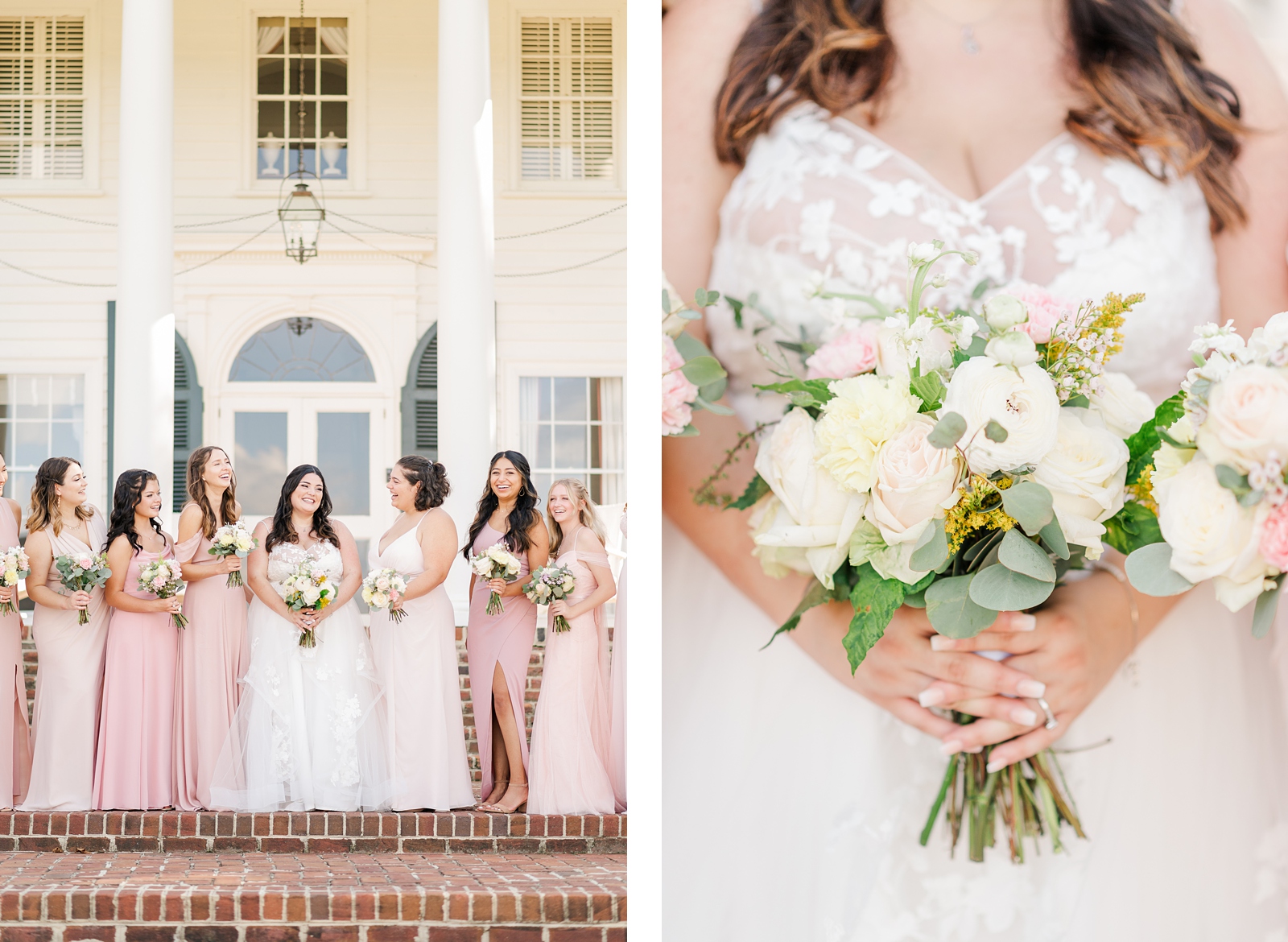 Bride and Bridesmaid Portraits at a Cumberland Estate Wedding with Pink Bridesmaid Dresses. Photography by New Kent Wedding Photographer Kailey Brianne Photography. 